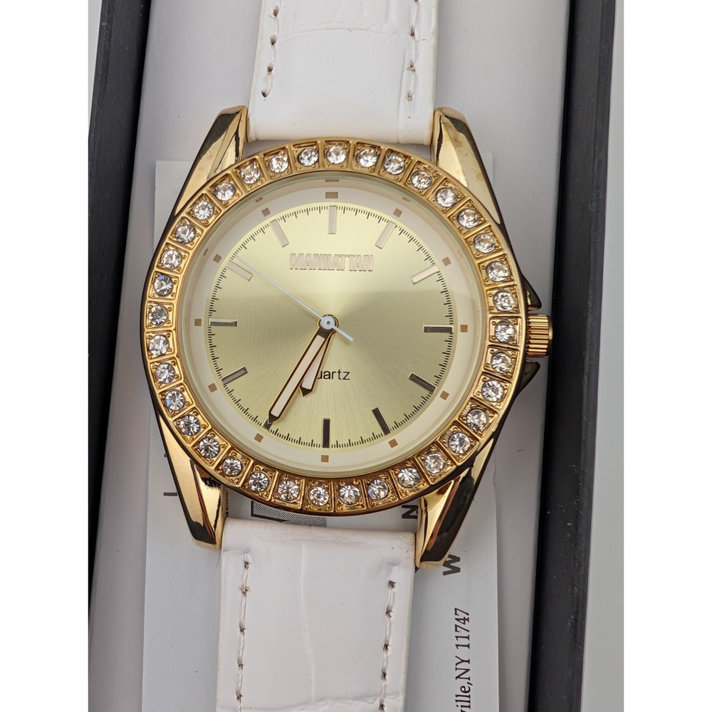 Manhattan by Croton Watch Women 40mm Case Pave Bezel‎ White Band New w/ Box
